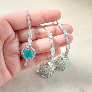 Kriti Mint Green American Diamond Bali Jhumki Tikka Set