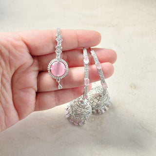 Kriti Pink American Diamond Bali Jhumki Tikka Set