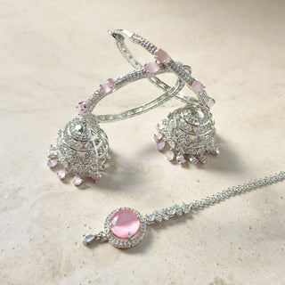 Kriti Pink American Diamond Bali Jhumki Tikka Set