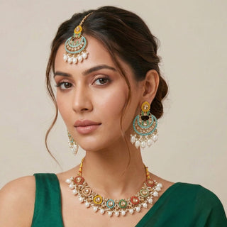 Leah Multicolour Polki Choker Necklace Set with Tikka