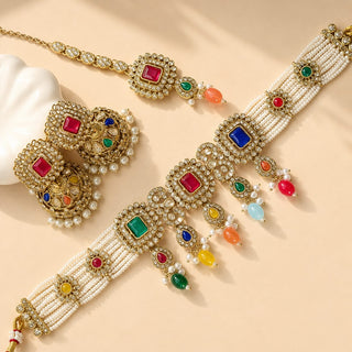 Lenora Multicolour Choker Necklace Set with Tikka