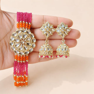 Lilah Orange Pink Multicolour Kundan Choker Necklace Set