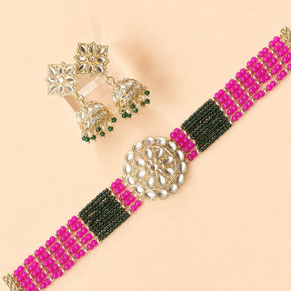 Lilah Pink Multicolour Kundan Choker Necklace Set