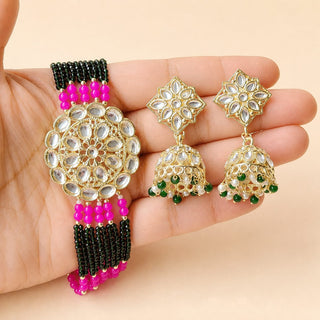 Lilah Pink Multicolour Kundan Choker Necklace Set