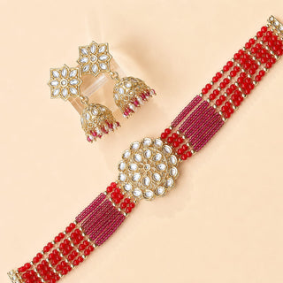 Lilah Red Multicolour Kundan Choker Necklace Set
