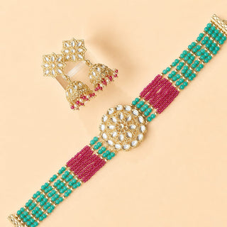 Lilah Teal Blue Multicolour Kundan Choker Necklace Set