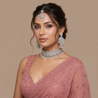 Livia Silver Choker Necklace Set with Tikka