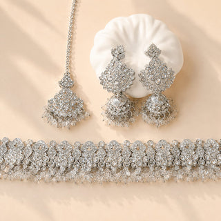 Livia Silver Choker Necklace Set with Tikka