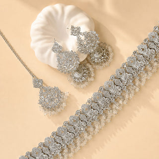 Livia Silver Choker Necklace Set with Tikka