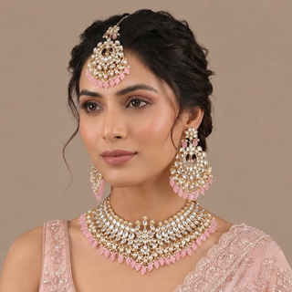 Madison Pink Kundan Necklace Set with Tikka