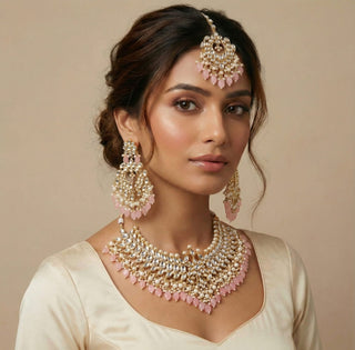 Madison Pink Kundan Necklace Set with Tikka