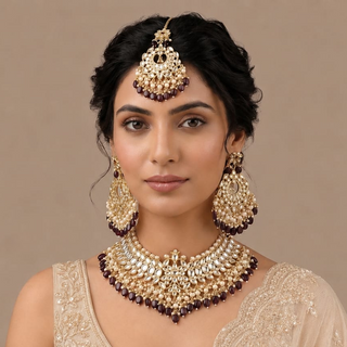 Madison Wine Red Kundan Necklace Set with Tikka