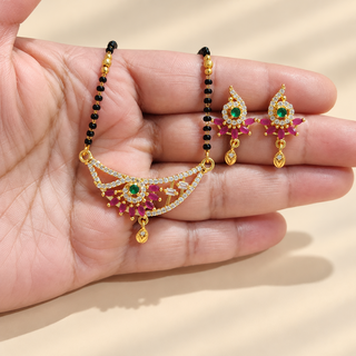 Phoebe emerald green ruby pink and white CZ mangalsutra necklace set hand display