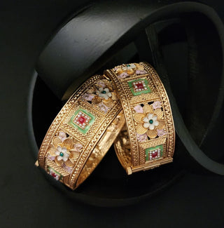 Margaret Mint Green Pink Gold Kada Openable Bangle Set (Pair) (2.4, 2.6, 2.8)