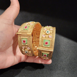 Margaret Mint Green Pink Gold Kada Openable Bangle Set (Pair) (2.4, 2.6, 2.8)