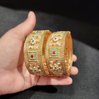 Margaret Mint Green Pink Gold Kada Openable Bangle Set (Pair) (2.4, 2.6, 2.8)