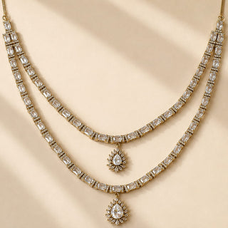 Mehreen White CZ Diamond Simulant Double Layer Necklace Set