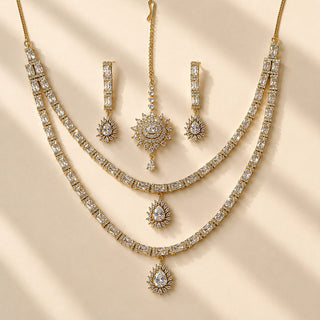Mehreen White CZ Diamond Simulant Double Layer Necklace Set