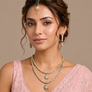 Mehreen White CZ Diamond Simulant Double Layer Necklace Set