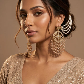 Nadia Gold Baahubali Polki Earrings (with Detachable Hair Chains)