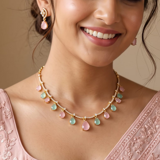 Naomi Mint Green & Light Pink CZ Diamond Necklace Set