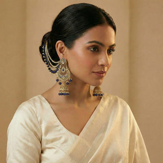 Natasha Baahubali Dark Blue Polki Jhumka Earrings (with detachable hair chains)