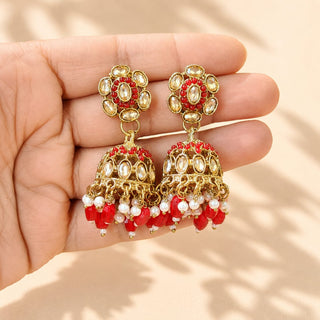 Nazia Red Small Jhumka Polki Earrings
