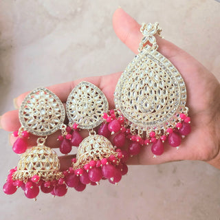 Nelly Magenta Pink Kundan Jhumka Tikka Set