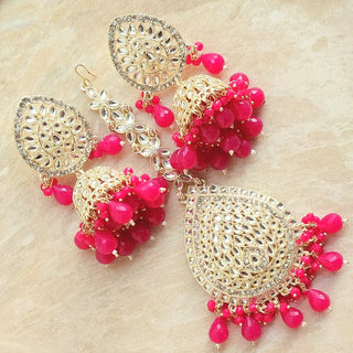 Nelly Magenta Pink Kundan Jhumka Tikka Set