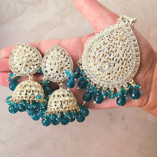 Nelly Teal Blue Kundan Jhumka Tikka Set