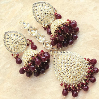 Nelly Wine Red Kundan Jhumka Tikka Set