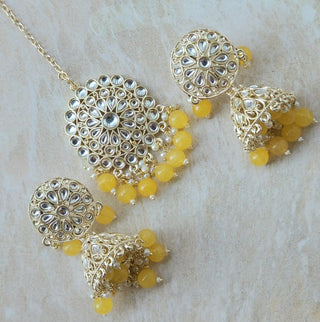 Nichola Yellow Kundan Jhumka Tikka Set