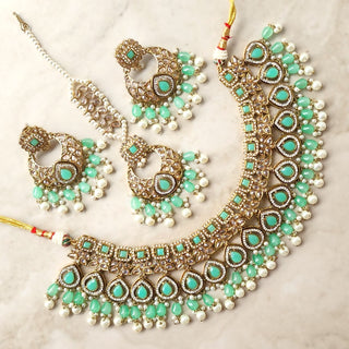 Nicole Mint Green Polki Necklace Set with Tikka