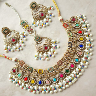 Nicole Multicolour Polki Necklace Set with Tikka