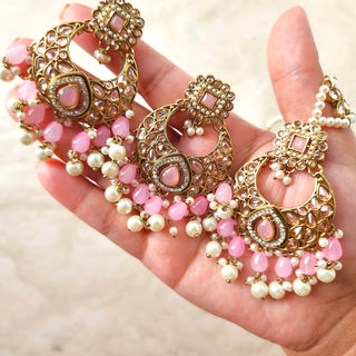 Nicole Pink Polki Necklace Set with Tikka