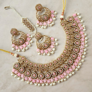 Nicole Pink Polki Necklace Set with Tikka