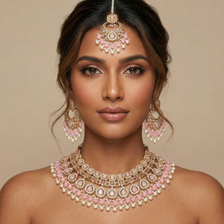Nicole Pink Polki Necklace Set with Tikka
