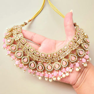 Nicole Pink Polki Necklace Set with Tikka