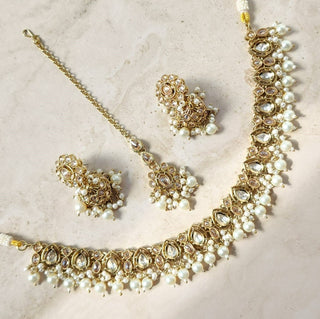 Nora White Polki Necklace Set with Tikka