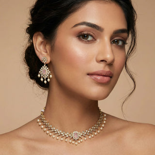 Pihu Pink CZ Diamond Simulant Necklace Set