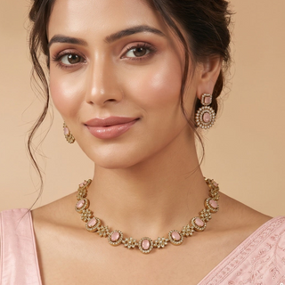 Selena Pink CZ Diamond Simulant Victorian Gold Necklace Set