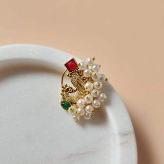 Priscilla Maharashtrian Multicolour Peacock Gold Nath (no piercing needed)