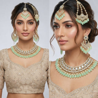 Rachel Light Green Kundan Necklace Set with Tikka and Passa