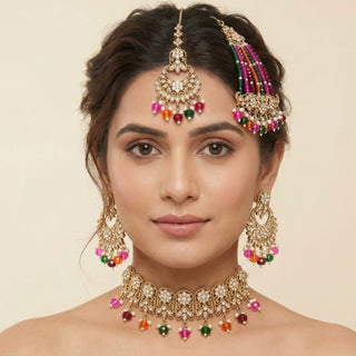 Raha Multicolour Polki Choker Necklace Set with Tikka & Passa