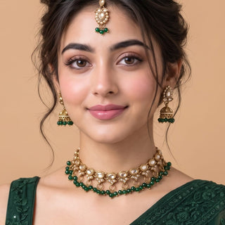Raya Dark Green Polki Choker Necklace Set
