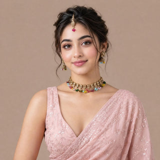 Raya Multicolour Polki Mini Jhumka Necklace Set with Tikka
