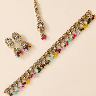 Raya Multicolour Polki Mini Jhumka Necklace Set with Tikka