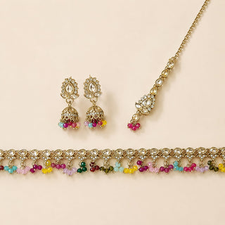 Raya Multicolour Polki Mini Jhumka Necklace Set with Tikka
