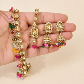 Raya Multicolour Polki Mini Jhumka Necklace Set with Tikka