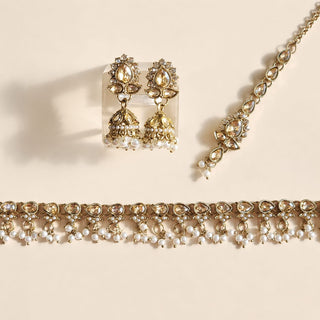 Raya White Polki Mini Jhumka Necklace Set with Tikka